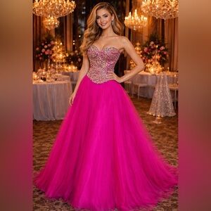 Tony Bowls Hot Pink Embellished Two-Piece Strapless Ball Gown Set 10